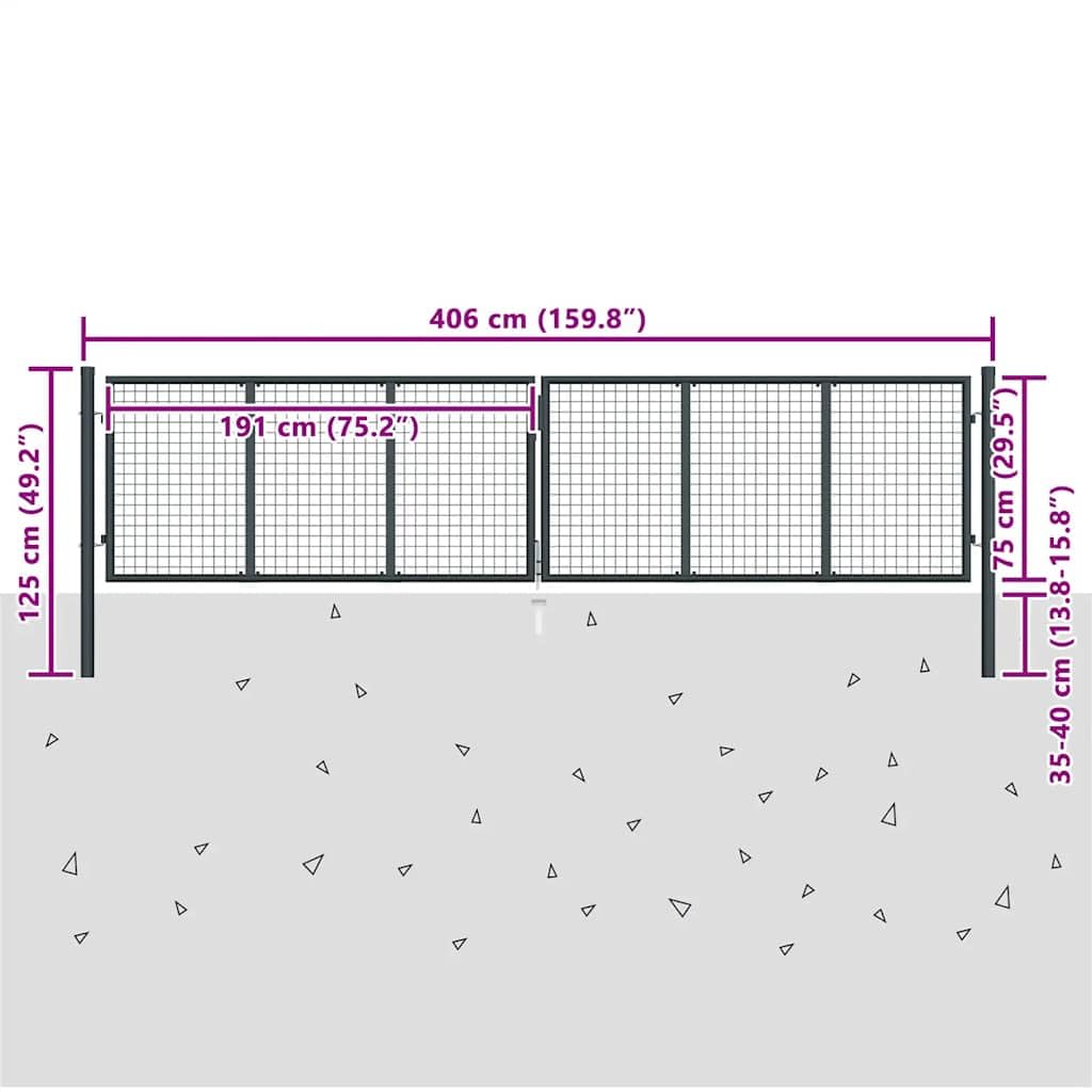 Puerta de jardín de malla de acero galvanizado, 400 x 75 cm, antracita con postes y estaca, bloqueable, inoxidable, para patio, jardín delantero y parcela, puerta de rejilla estable con