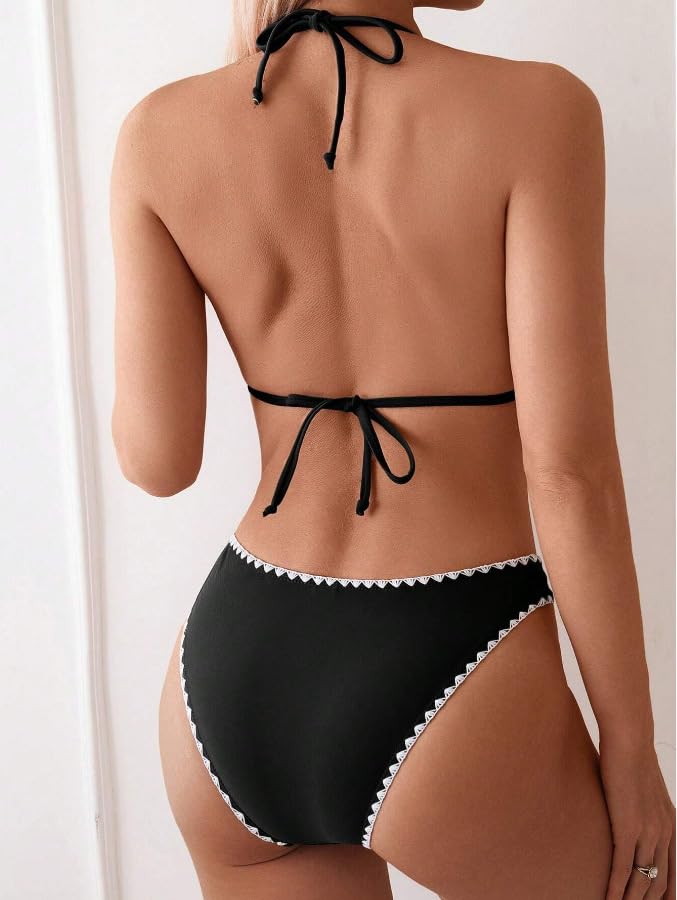 Women's Sexy Solid Color Lace Triangle Bikini Set, Halter Adjustable Ties Backless Two-Piece Swimsuit4