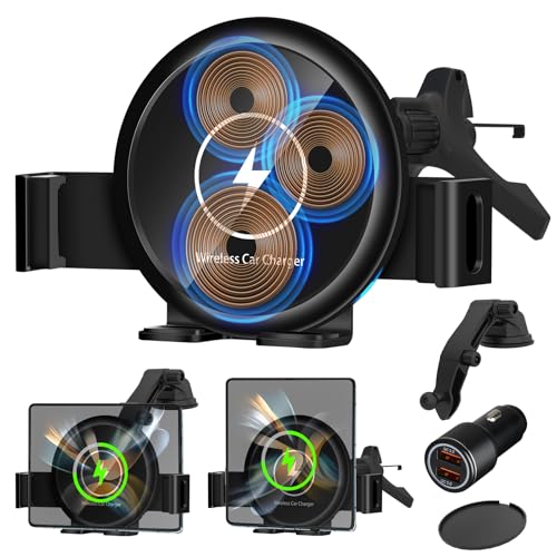 HULYVIC Wireless Car Charger for Z Fold 6 Car Mount, 20W Three Coils Fast Charging Auto-Clamping for Air Vent & Dashboard, Compatible for Galaxy Z Fold 6/S25 Ultra, iPhone 16 Pro Max with Cooling Fan