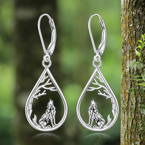 Wolf Earrings Wolf Earrings for Women Sterling Silver tree Black Wolf Earring Viking Celtic Dangle Gifts Halloween Christmas Jewelry 6