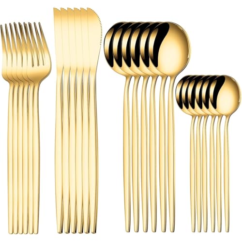 Image of 24-Piece Flatware Set, Stainless Steel Knife Fork Spoon, Home Dinnerware Tableware Set for 6,Stainless Steel Cutlery Set for Home, Kitchen, Restaurant, Utensils (Gold)