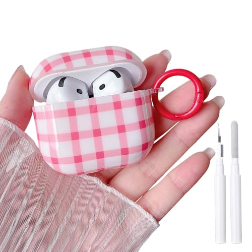 Image of MINSCOSE for AirPods 4 Clear Case,Cute Retro Plaid Pattern Design with Girly Keychain Lock,Soft TPU Protective Shockproof Cover with Cleaner Kit for Girls Women for Airpods 4-Pink
