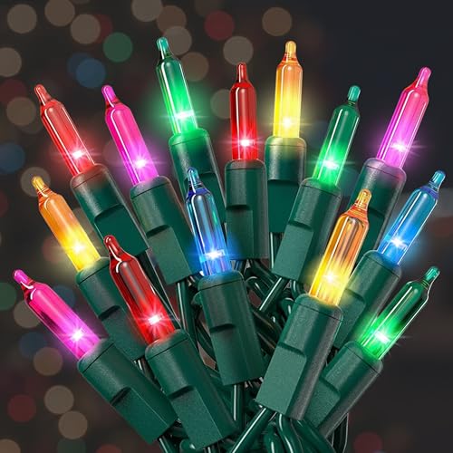 PREXTEX Christmas String Lights with Green Wire - 100 Count, 20 Ft Multicolored Christmas Tree Lights for Xmas Decorations Indoor and Outdoor - Incandescent String Light for Patios, Fences, Holidays