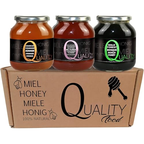 Miel pura de abeja 100%. Miel cruda sin pasteurizar ni calentar. Pack regalo y degustación 3x500g. Tarro de cristal. Origen España.
