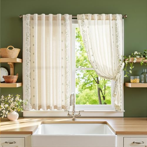 Image of jinchan Green Floral Linen Kitchen Tier Curtains 45 Inch Back Tab 2 Panels