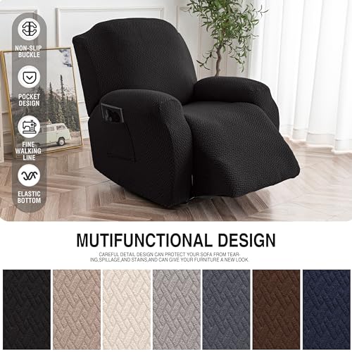 Image of Genina Recliner Chair Cover, Stretch Reclining Chair Covers, Recliner Sofa Slipcovers Stripe Jacquard Lazy Couch Covers Furniture Protector Covers for Pet Kid (Black, 1 Seat)