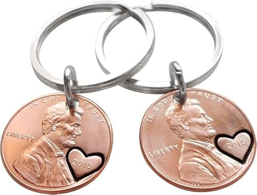 JewelryEveryday Double Keychain Set 2010 Penny Keychains With Heart Around Year; 16 Year Anniversary, Engraved Couples Keychain