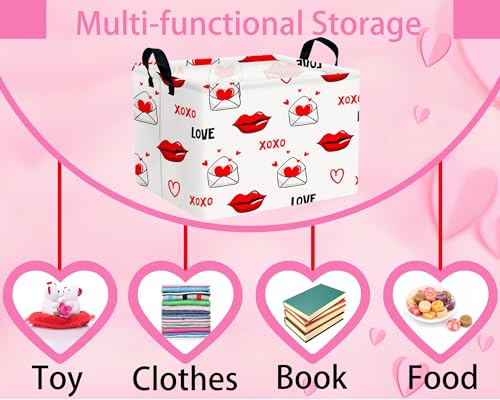 Image of Valentines Day Basket Large Foldable Heart Shaped Storage Box for Gifts Kids Empty Storage Bins Rectangular Toy Organizer Decor (Mouth Envelope Love)