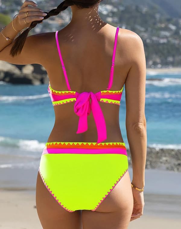 Sexybody Women's Bandeau Bikini Strapless Bikini Neon Color Block Two Piece Whip Stitch Trim Bathing Suits - Image 5