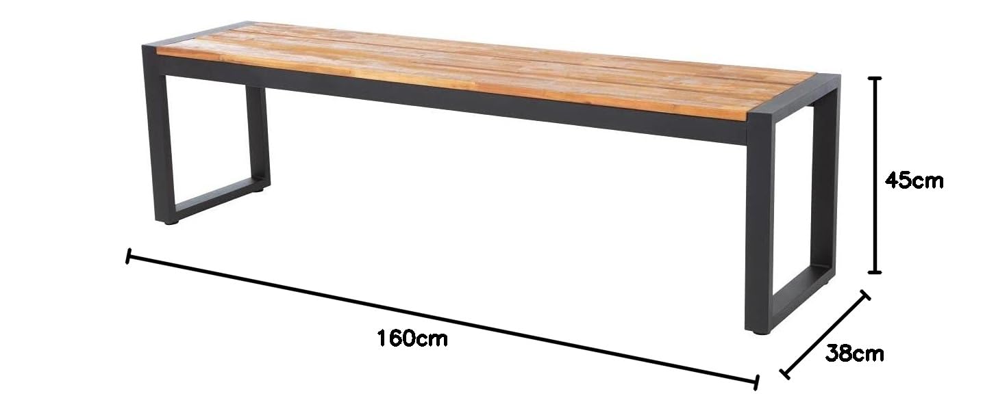 Bolero DS158 Lot de 2 bancs industriels en bois d'acacia et acier revêtu par pulvérisation Teck Hauteur 450 mm Largeur 1600 mm Longueur 380 mm