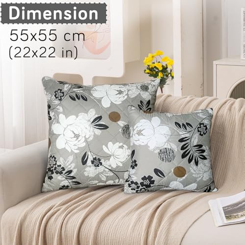 Image of HOKIPO 'Elira Series' Printed Quilted Cushion Cover for Sofa 22x22 Inches, Set of 2, Feather Brown Floral (AR-6232-C1*2)