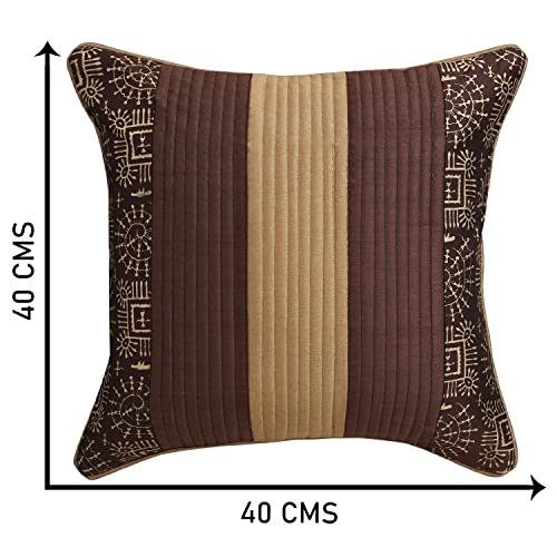 Image of Gifts Island Combo Silk Traditional Striped & Rajasthani Warli Golden Hand Printed Pillow Cushion Covers 16x16 inches Set of 5 & Round Pillow Bolster Covers Set of 2 16x32 inches (Brown)