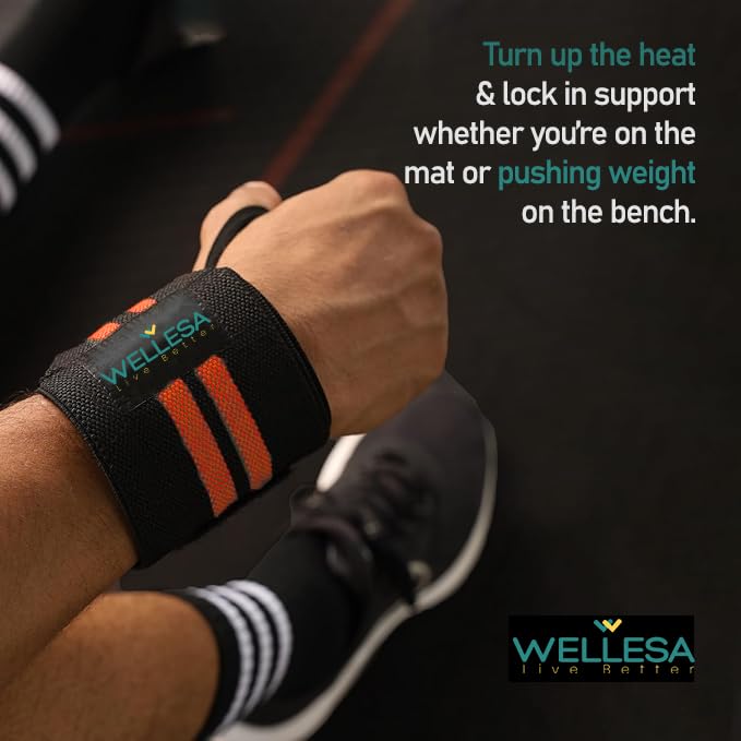 Image of Wellesa Wrist Support for Gym Workout | Wrist Band for Pain Relief & Weight Lifting | Wrist Wrap for Men & Women | Wrist Brace | Gym Accessories | One Size (Orange 2 Line)