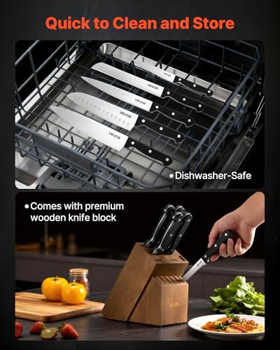 Image of VEVOR Kitchen Knife Set with Block and Sharpener, 15 Piece German High Carbon Stainless Steel Knife Set, Kitchen Cutlery with ABS Ergonomic Handle, Sharpening Rod and Wooden Block, for Home Cooks