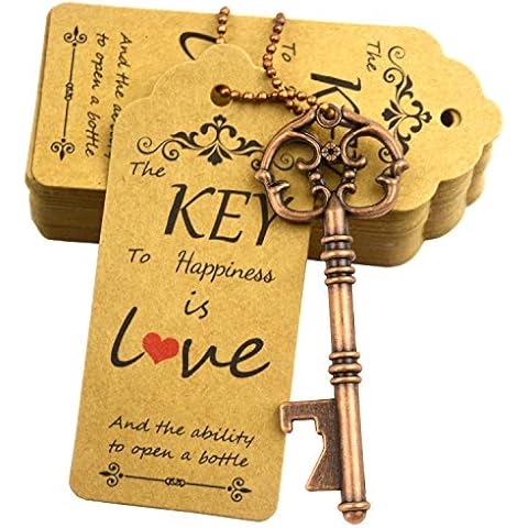 Aokbean 52pcs Vintage Skeleton Key Bottle Opener Rustic Wedding/Party Favors Guest Souvenir Gift Set with Escort Thank You Tag Card and Keychain(Antique Copper) Cover