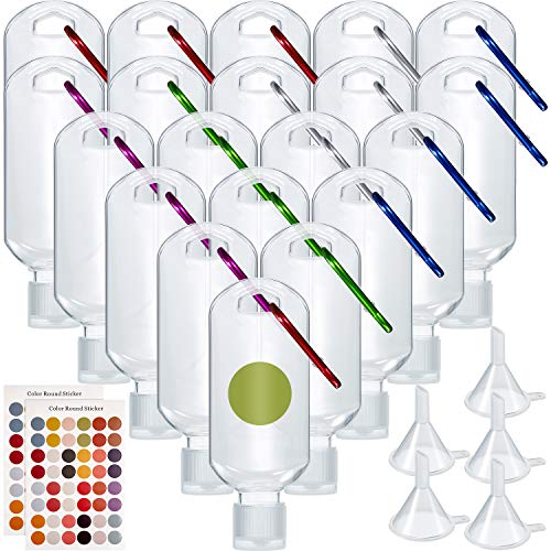 20 Pieces Travel Plastic Keychain Bottles 50 ml Empty Keychain Bottles Leakproof Clear Containers Flip Cap Refillable Bottles, 20 Snap Hook, 2 Sheets Stickers and 5 Funnels for Toiletry Shampoo Lotion