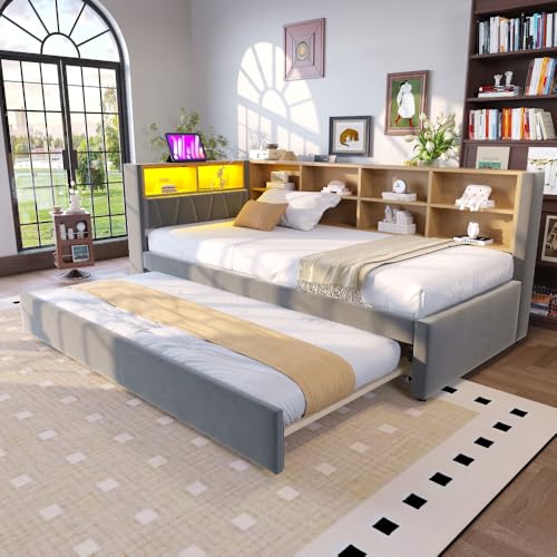 Seyakany - Sofá cama 90 x 200 cm, cama nido 90 x 190, con iluminación LED, enchufes y múltiples almacenamiento, cama individual multifuncional, franela, gris oscuro (sin colchón)