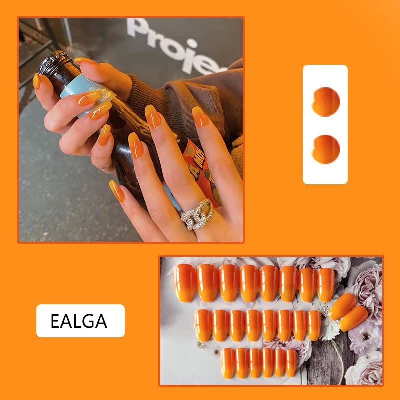 Miniatura 2 de EALGA-LT115 - Uñas postizas de ataúd de color naranja quemado para mujer, uñas postizas a presión color naranja degradado amarillo degradado para