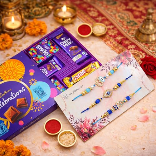 Image of JAIPUR ACE Rakhi Hamper With Chocolate Celebration Box Combo Pack, Rakshabandhan Gift Hamper For Brother With Roli Kumkum & Greeting Card (3 RAKHI WITH CHOCOLATE)