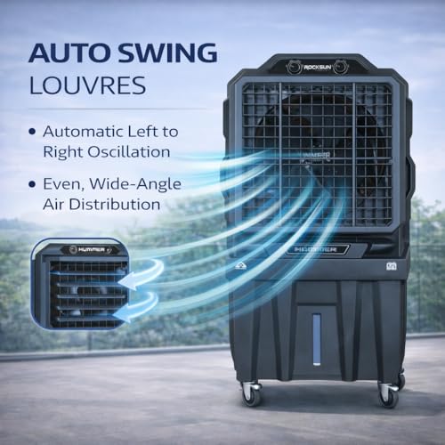 Image of ROCKSUN Hummer Desert Air Cooler | 140L Water Tank | 21+ Inch Fan | 4800 m /h Powerful Air Flow 1100ft | 2 Honeycomb Cooling Pads | Auto Swing | 350W Motor | Heavy Duty Portable Cooler (Black)