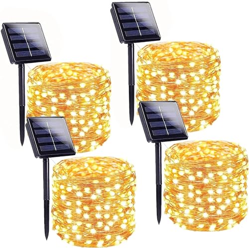 4-Pack 160ft Solar String Lights, 400 LED Warm White Copper Wire, 8 Modes