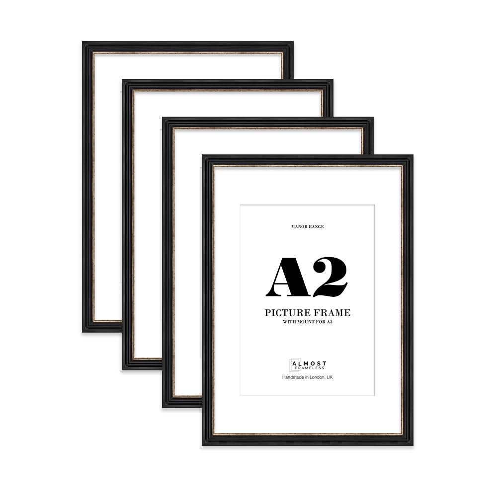 A2 Black and Gold Picture Frame - A2 Frame with A3 Mount for A2/A3 Pictures Art Deco Style Classic Interior Design Décor, 4 Pack