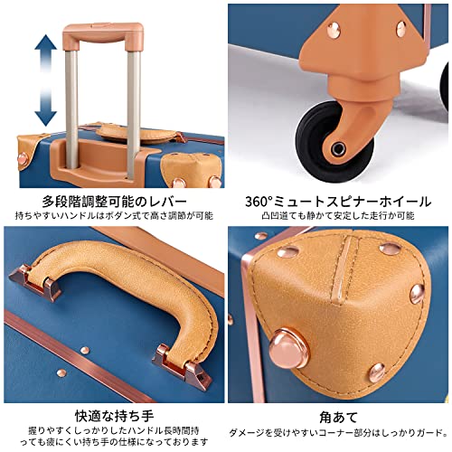 urecity トランクケース キャリーバッグ 革 手作り 復古主義 レトロ おしゃれ かわいい フレームタイプのスーツケース 超軽量 旅行 出張 大容量 静音四輪 (ゴールデンラビット/ブルー, Sサイズ(20