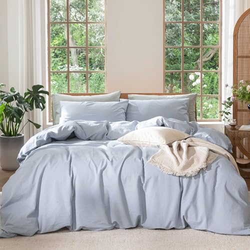 MooMee Bedding Duvet Cover Set 100% Washed Cotton Linen Like Textured Breathable Durable Soft Comfy (Heathered Cornflower Blue, Palatial King/Oversized King 120