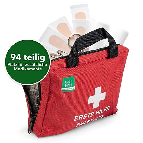 Foto von casa pura Erste Hilfe Tasche gefüllt - Notfalltasche Erste Hilfe Set Zuhause mit Verbandsmaterial, Pflaster, Rettungsdecke UVM - Verbandstasche Zubehör für Wandern, Reise, Outdoor, Auto - 22x17x5 cm