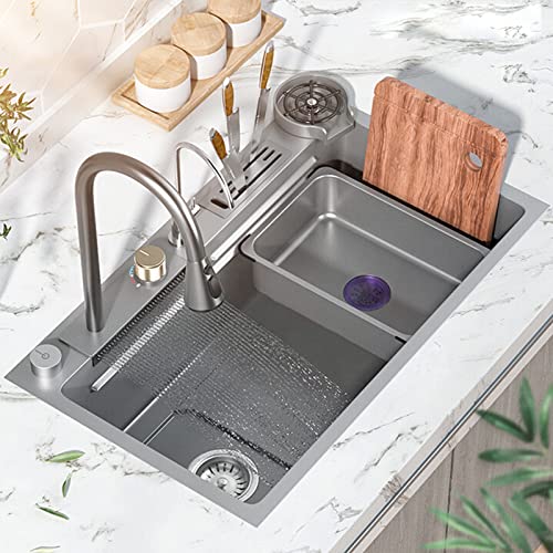  PhIree Lavello da Cucina a Vasca Singola, Nuovo Lavello a Cascata in Acciaio Inossidabile, con Rubinetto Lavello Grigio Rubinetto a Cascata a Pioggia Volante Accessori Completi/Grigio/68X45Cm