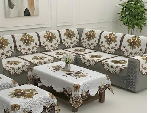 Image of Fab Nation Sofa Cover L Shape 6 Seater with Corner L Type Sofa Set for Living Room | Cotton Sofa Slipcovers for 3 + 3 Seaters Cover with 2 Arms + 2 Setty Covers + 1 Table Cover | Brown