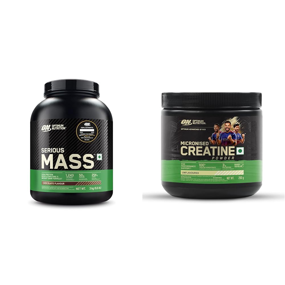 OPTIMUM NUTRITION (ON) Serious Mass High Protein High Calorie Weight Gainer Powder - 3 kg (Chocola | RCB Limited Edition Optimum Nutrition (ON) Micronized Creatine Powder – 250 g, 83 Serves, 3g of 10-image-20