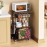 Eyteenokk Microwave Stand with Drawers & Hooks,3-Tier Rolling Kitchen Cart for Small Spaces, Multifunctional Storage Organizer with Lockable Wheels Rustproof(Black +Vintage, 20.8 * 15.7 * 32.6inch)