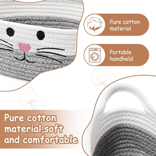 Kleiner Aufbewahrungskorb geflochten aus Baumwollseil mit Henkel – Spielzeugkorb für Kinderzimmer & Haustier – Niedlicher Baumwollkorb, Mehrzweck-Aufbewahrungskorb, zur Spielzeugorganisation,Grau