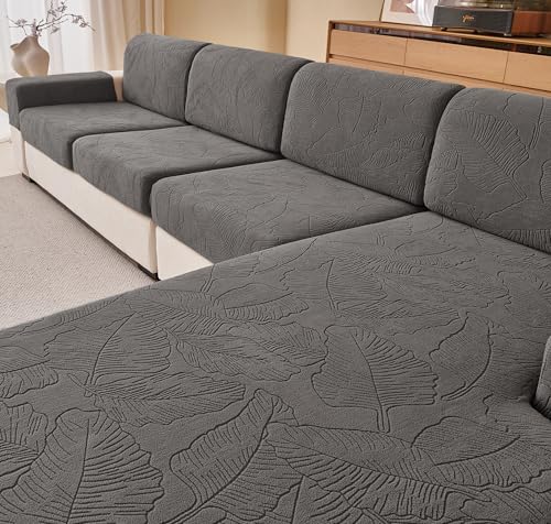 KaviKon Stretch Sectional Couch Covers, Wear Resistant Sofa Slipcovers Washable Soft Furniture Protector Anti Slip L Shaped Couch Cushion Covers for Dogs (1 Piece Oversized Cushion Cover, Leaf Grey)
