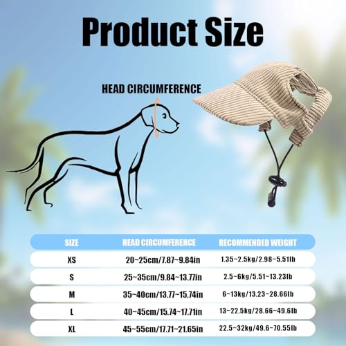Hunde Baseballmütze, Verstellbar Sommer Sonnenschutz Hut Sonnenhüte mit Ohrlöchern, Haustier Sommer Hut für Welpen Hunde Mütze (Khaki, M)