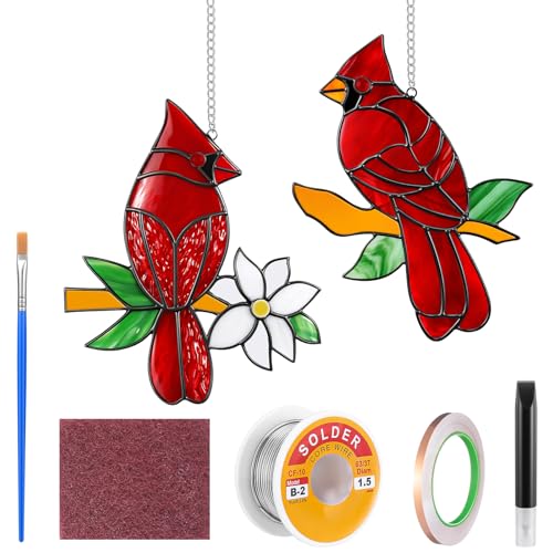 ForraFun 2 Set Unfinished Cardinal Pre Cut Stained Glass for Adults DIY Stained Glass Craft Kit with Solder Wire Brush Copper Foil Tape for Adult Make Your Own Handcrafts for Spring Home Decor
