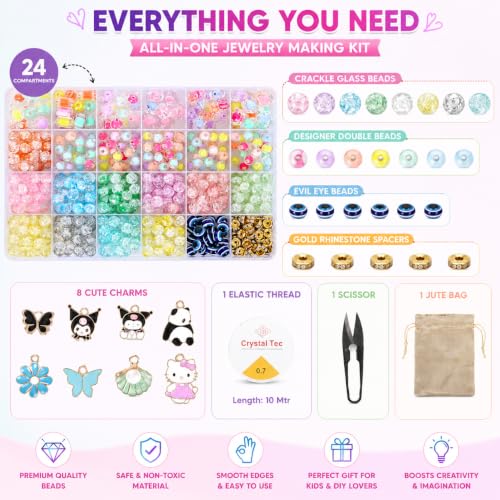 Image of Ambitieux DIY Bracelet Making Kit - 575+ Beads Jewelry Set with Glass, Double, Charms Pendants Accessories, Evil Eye, Elastic Thread, Cutter & Jute Bag - Craft Kit for Girls, Kids & Adults birthday 2 3 4 5 6 7 8 9 years (Crackle)