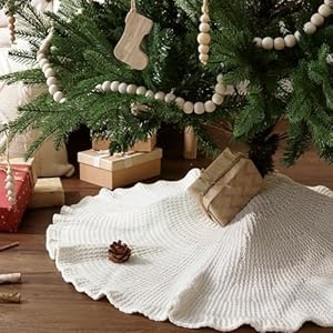 Limbridge knitted christmas tree skirt 36 inches cream white tree skirt lotus leaf edge cable knit thick rustic christmas tree decorations ruffle christmas decor xmas holiday home party decorations  urban country home decor