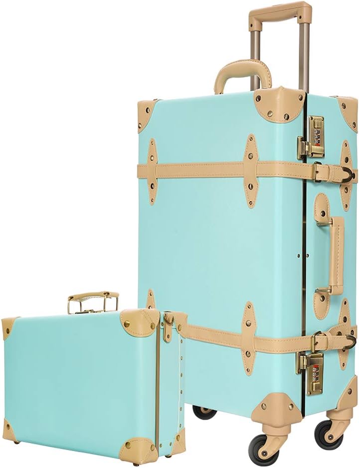 urecity Designer Vintage Trunk Combination Luggage Sets of 2 Piece, Hard Shell Retro Travel Suitcase with Wheels (Mint Green, 22"+12")