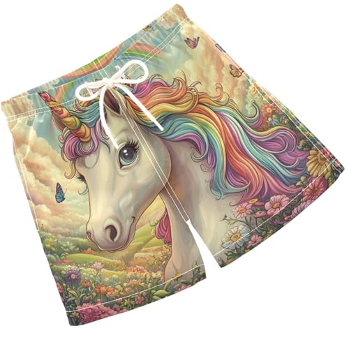 Pigsaly Boys Swim Trunks Rainbow Flower Unicorn Boys Board Shorts Swimsuit Swimwear Summer Bathing Suit XS
