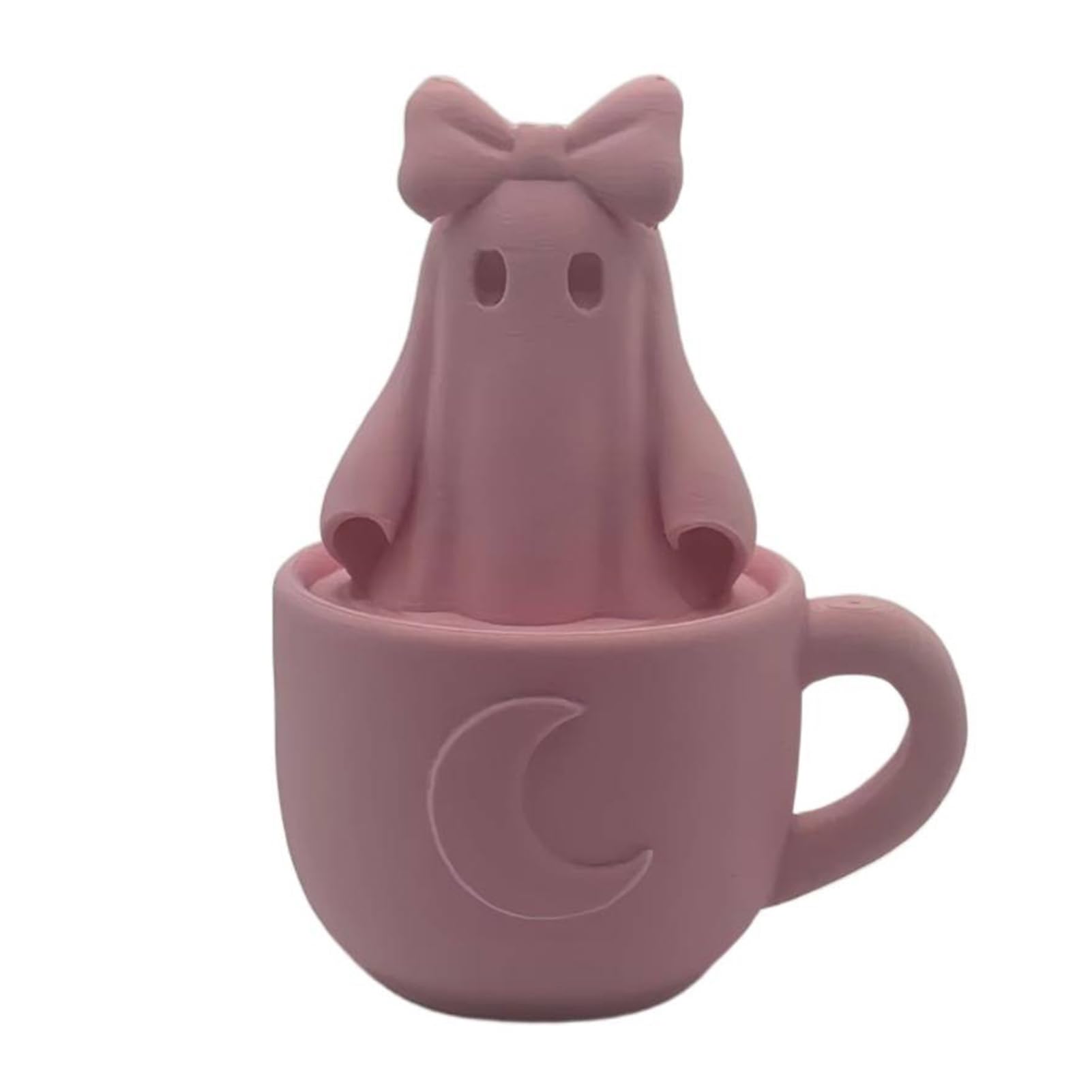 Glifora 3D Printed Cup Ghost Figurine - Pink Bow Ghost in A Teacup Statue, Spooky Halloween Ghost Decoration for Home Office and Parties