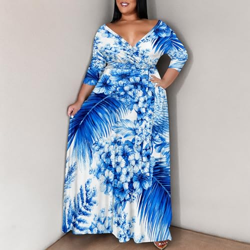 Image of SUZONANA Plus Size Maxi Dresses for Curcy Women Casual Loose 3 /4 Sleeve Long Dress with Belt
