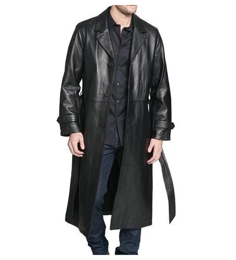 Men’s Premium Black Leather Full Length Trench Coat Lapel Collar Classic Design Coat2