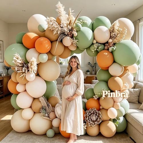 Image of Dusty Green Orange Balloon Garland Double Stuffed Blush Brown Nude Balloon Arch Avocado Sage Green Balloons for Neutral Baby Shower Bridal Shower Gender Reveal Birthday Summer Party Decorations