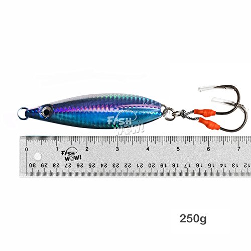 5Pcs 250G Fish Wow! Fishing Flat Fall Vertical Trolling Jig With Two Assist Hooks - Anchovy, Blue, Orange, Phantom Squid, Glow #TOP2