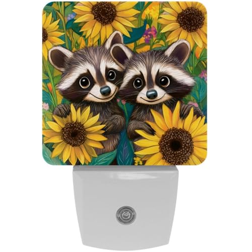 Image of NEWzone Raccoons Sunflowers Night Light Set of 2, Auto Sensor LED Dusk-to-Dawn Nightlights, Plug-in Sensor Lamp for Bedroom Bathroom Kitchen Hallway Stairs Decorative