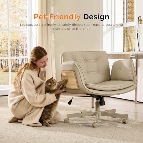 Image of amseatec Criss Cross Chair with Natural Sisal Cat Scratch Pad, 5-Gear Adjustable Armrests, 360 Silent Casters,pet-Friendly Office, Gaming, Leisure, and Make up Vantiy Desk Chair(Cream)