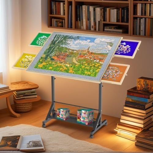 Wooden 1500 Piece Puzzle Table with Drawer, 35"*27.17" with Legs and Wheels, Adjustable Height and Angle, with Protective Cover