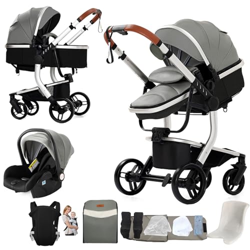 Magic ZC Cuir PU Poussette 3 en 1, Pousette Bebe avec Mode Double Réversible, Pousette Citadine Nacelle Grande, Poussette Combinée Cadre en Alliage...